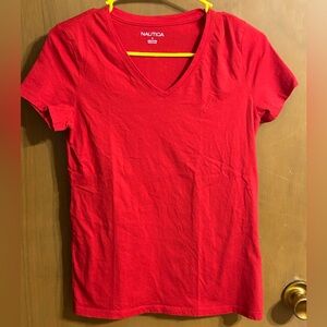 Nautica Red V Neck Short Sleeve Shirt Top Size Small